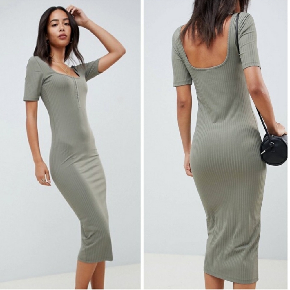 Asos Green Ribbed Midi Dress